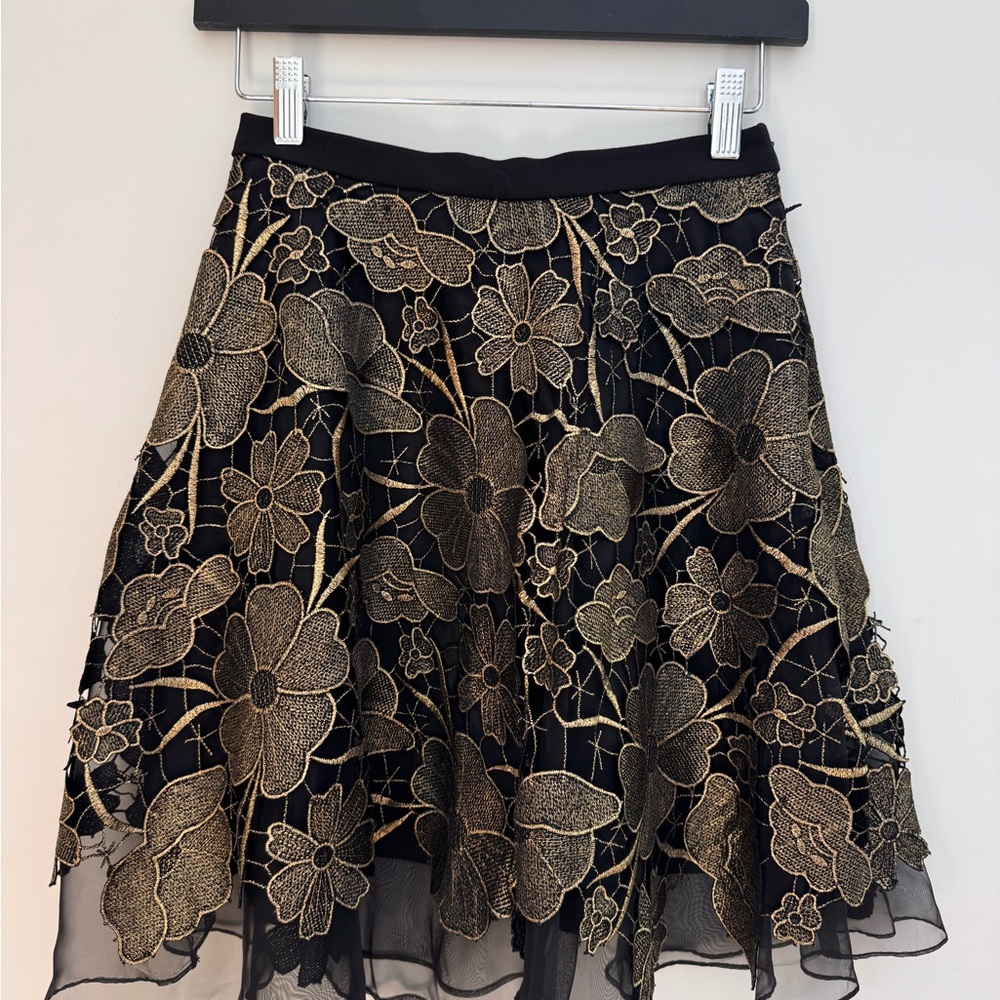 Anthropologie Eva Franco Black & Gold Floral Applique Skirt | Size 2P | Like new